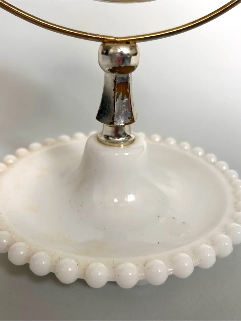 Vintage White Milk Glass Beaded Vanity Mirror with Gold Frame 1930’s
